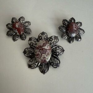 Vintage Silver Brooch and Earrings Set with Intricate Filigree